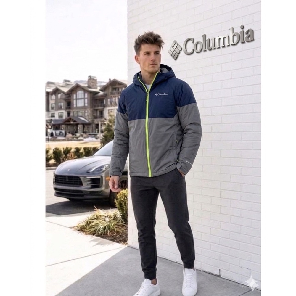 🔥Columbia Mens🎱 Omni-Heat Hooded Puffer Jacket Navy‎ Grey Lime sz-M